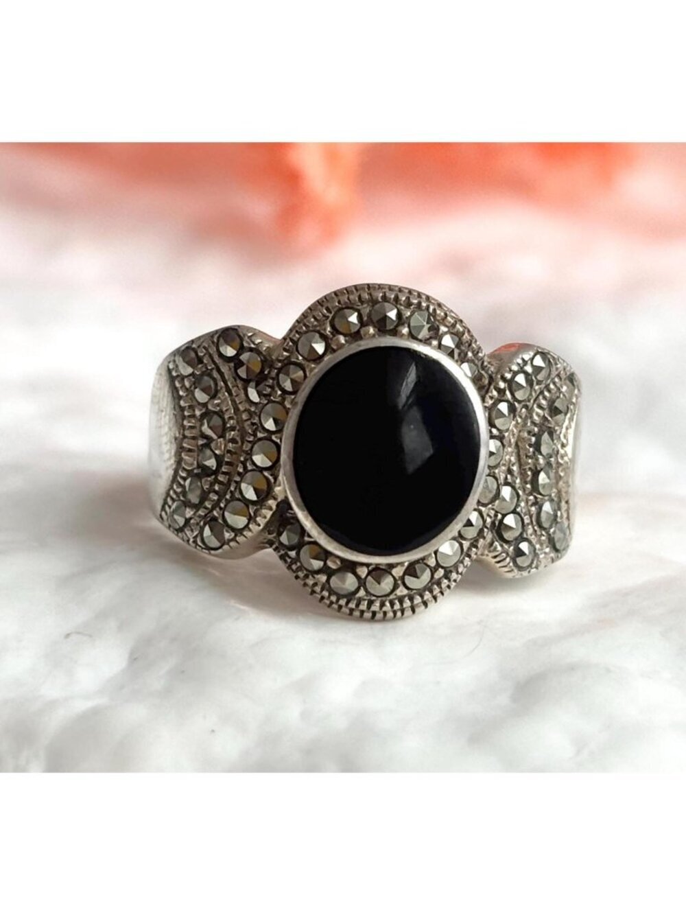 Art Deco Black Oynx Oval Cut Marcasite Sterling Silver 925 Vintage Ring sz 5.75